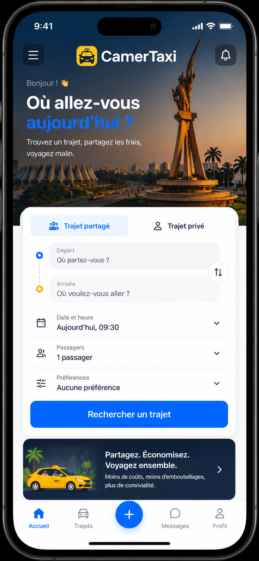 Écran de l’application CamerTaxi
